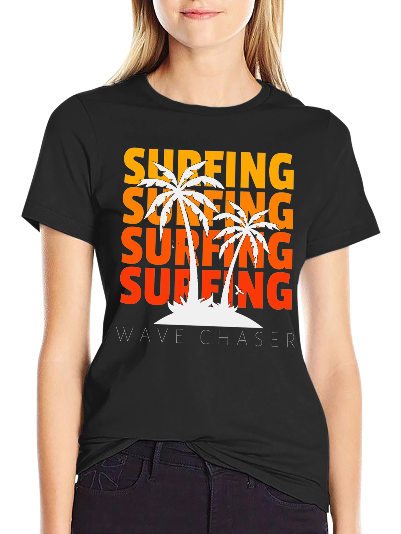 Surfing Wave Chaser Black T-Shirt with Palm Tree Design