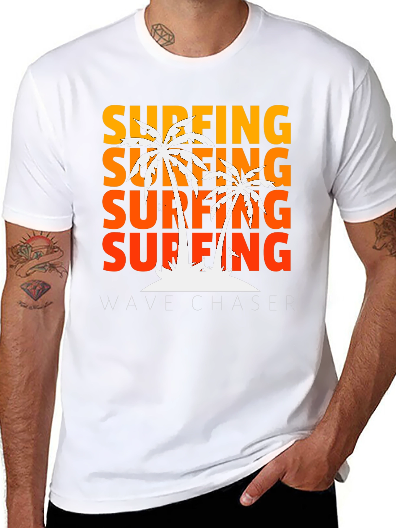 Surfing Wave Chaser Black T-Shirt with Palm Tree Design