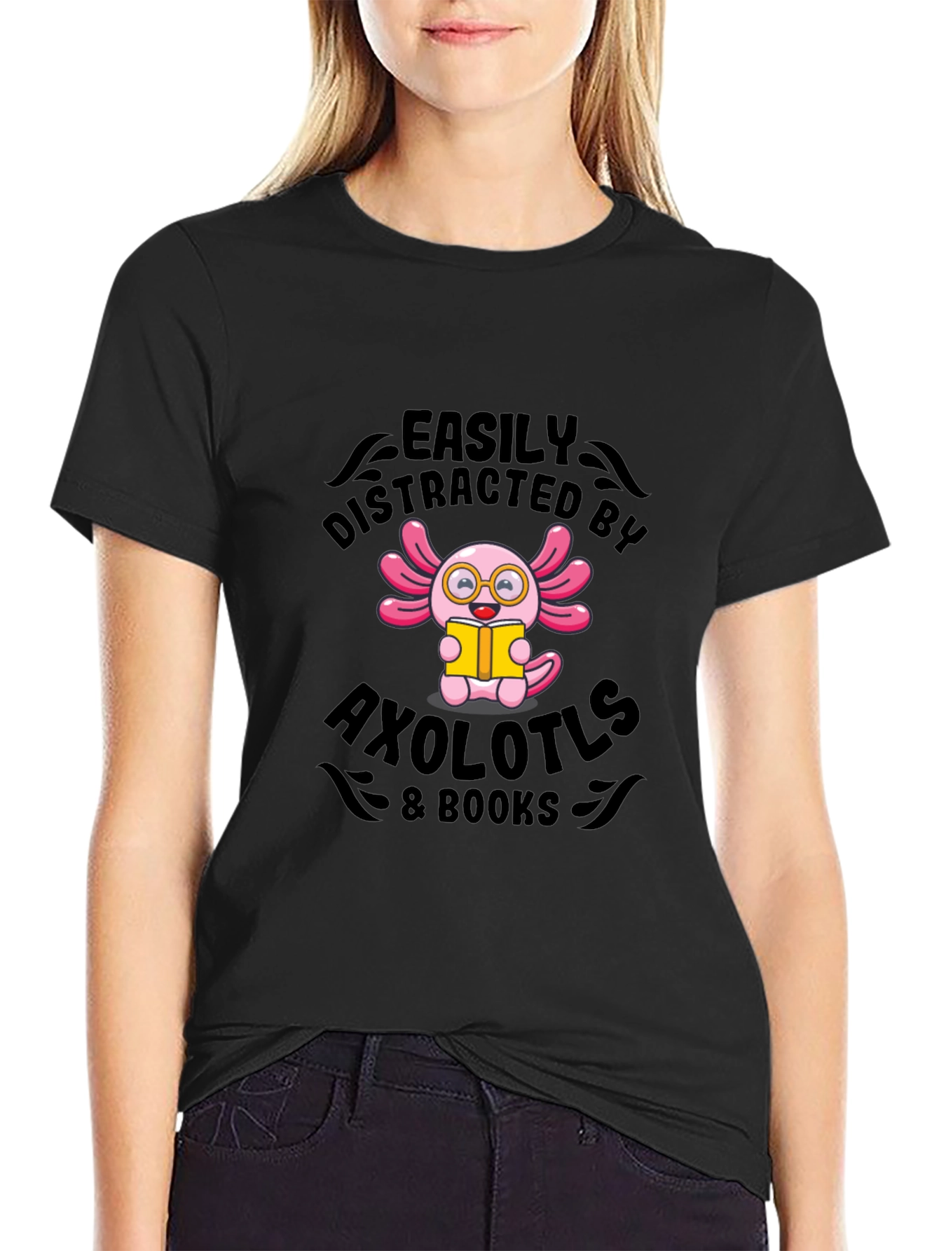 Easily Distracted by Axolotls & Books Black T-Shirt