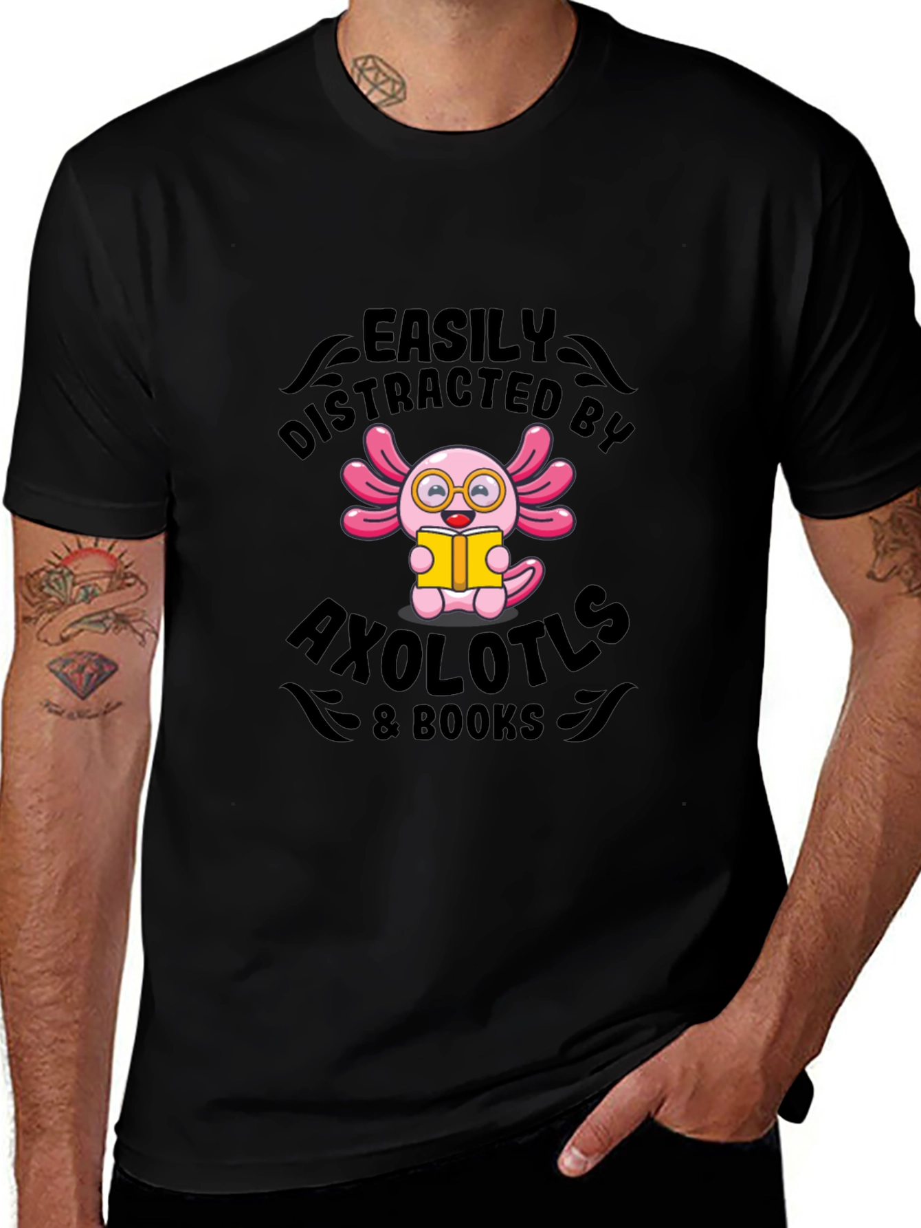 Easily Distracted by Axolotls & Books Black T-Shirt