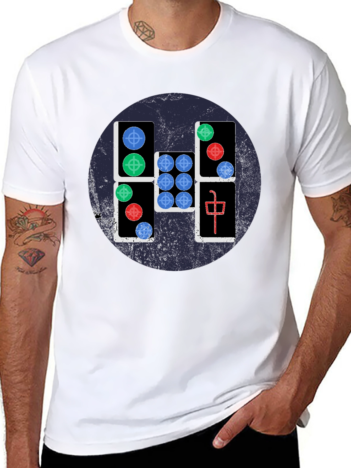 Mahjong Tile Graphic Tee - Casual Black T-Shirt