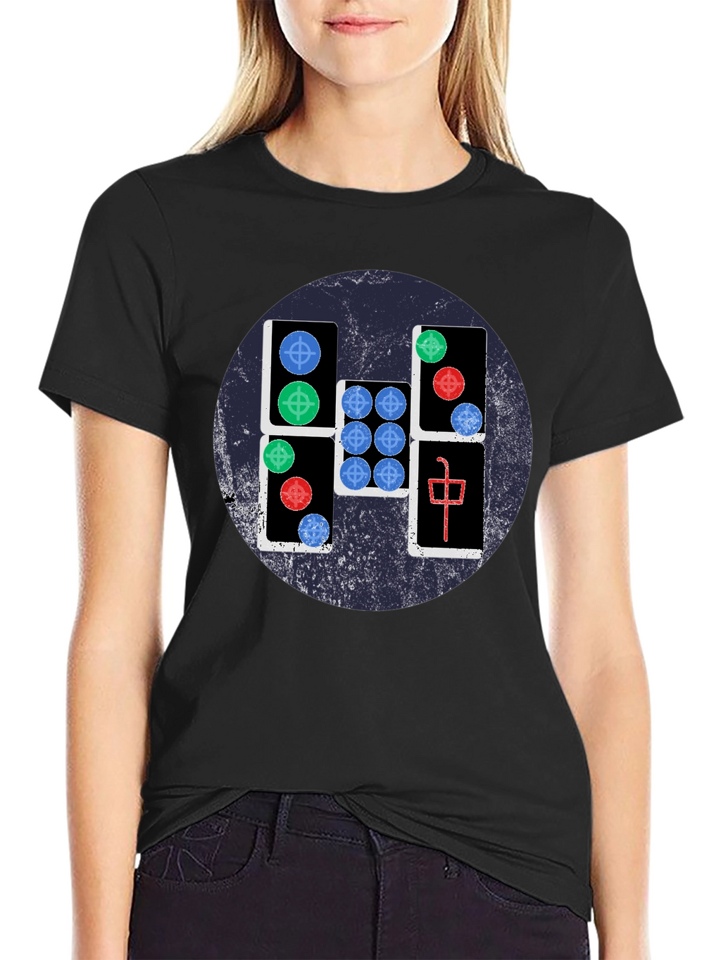 Mahjong Tile Graphic Tee - Casual Black T-Shirt