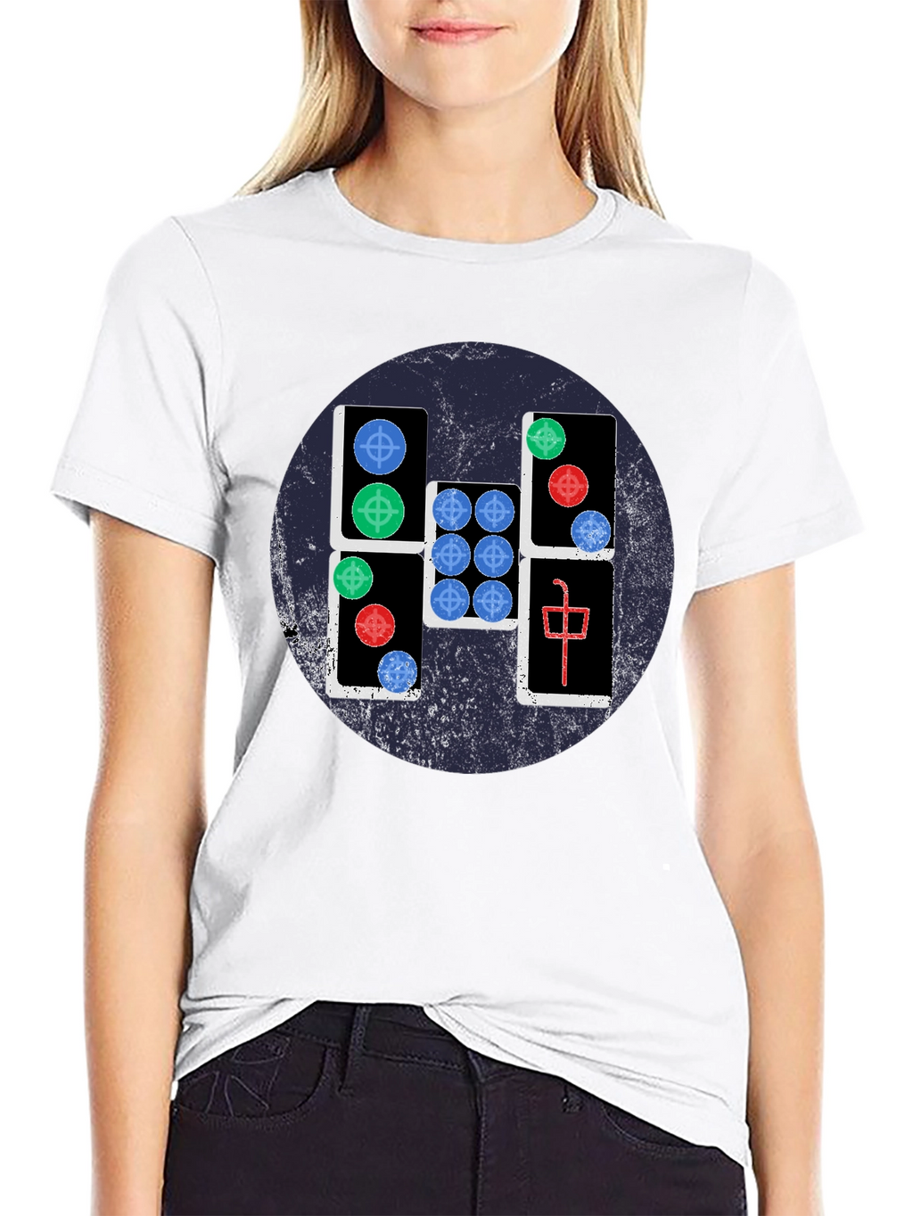 Mahjong Tile Graphic Tee - Casual Black T-Shirt