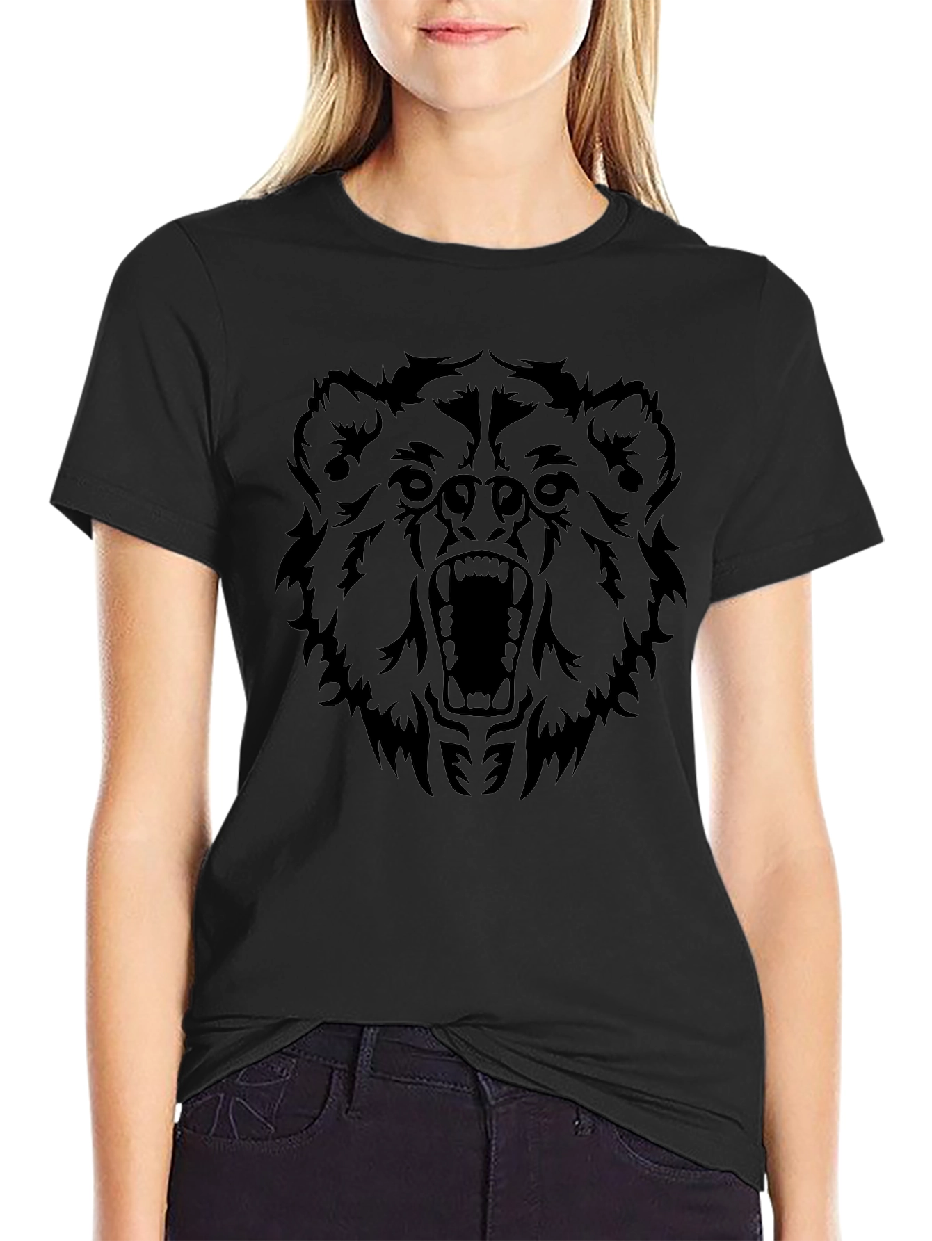 Roaring Bear Graphic Tee - Black Cotton T-Shirt