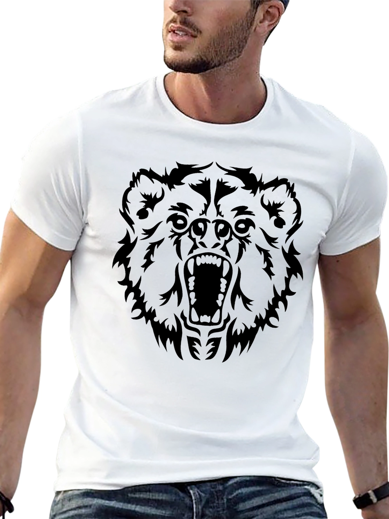 Roaring Bear Graphic Tee - Black Cotton T-Shirt
