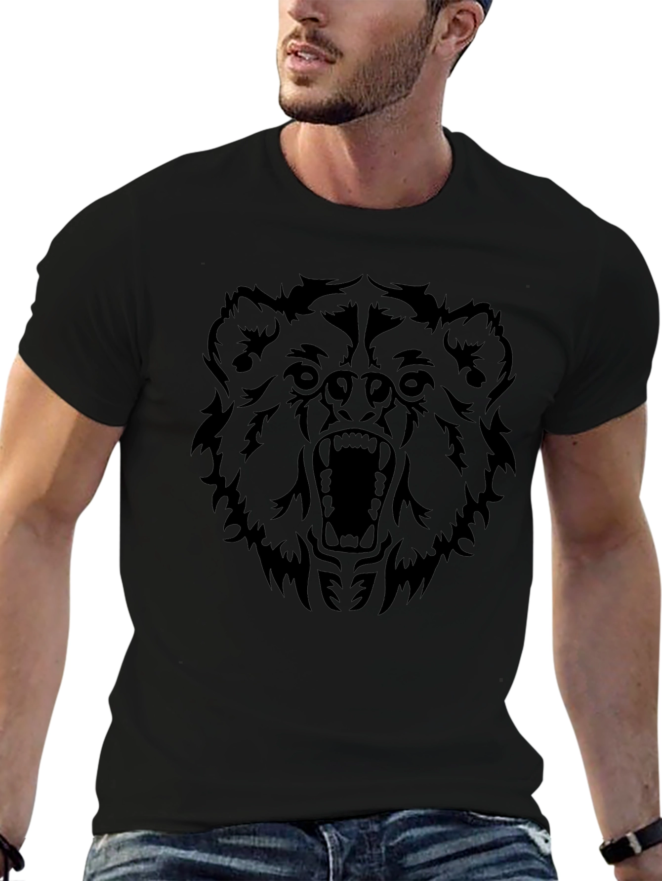 Roaring Bear Graphic Tee - Black Cotton T-Shirt