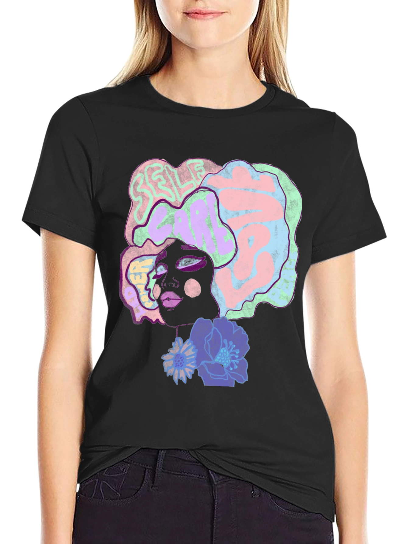 Artistic Afro Woman Graphic Tee - Black