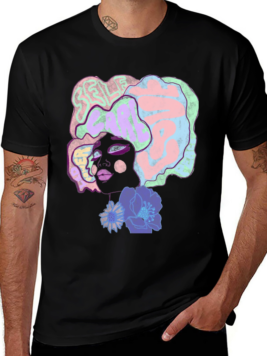 Artistic Afro Woman Graphic Tee - Black