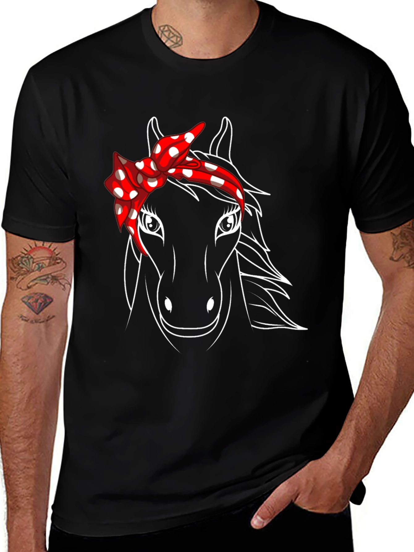 Horse Graphic Tee with Bandana - Black Casual T-Shirt