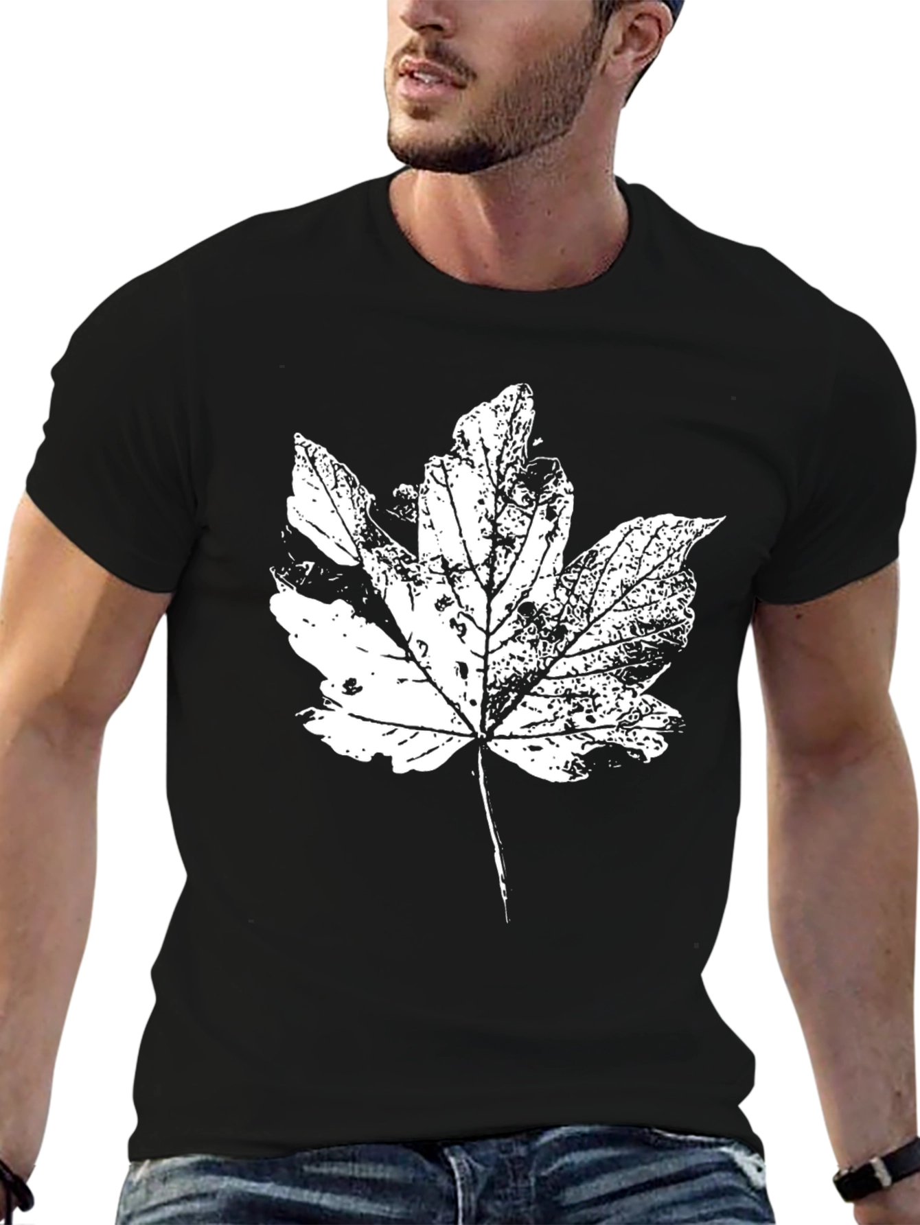 Leaf Print Black Cotton T-Shirt