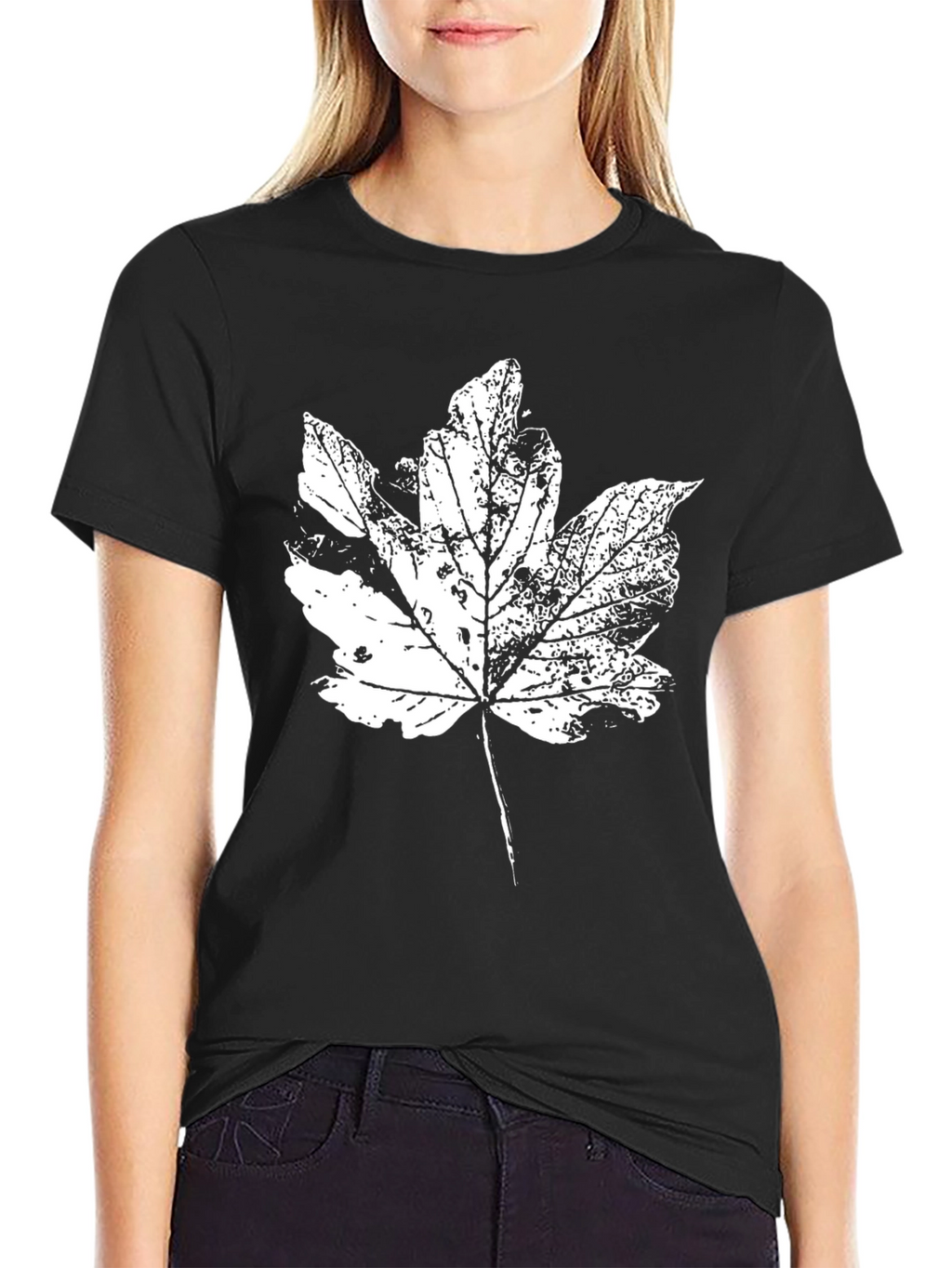 Leaf Print Black Cotton T-Shirt