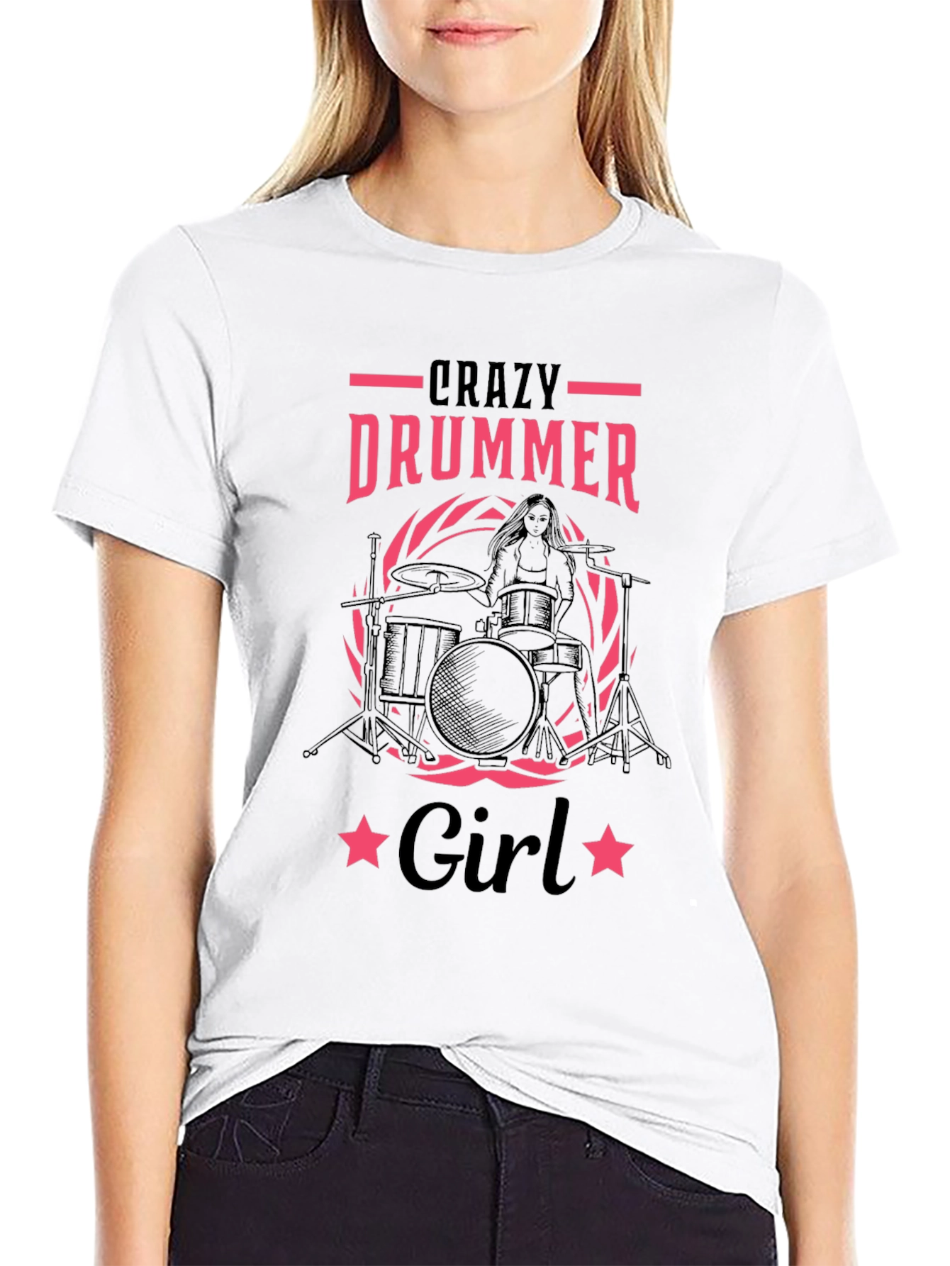 Crazy Drummer Girl Black T-Shirt
