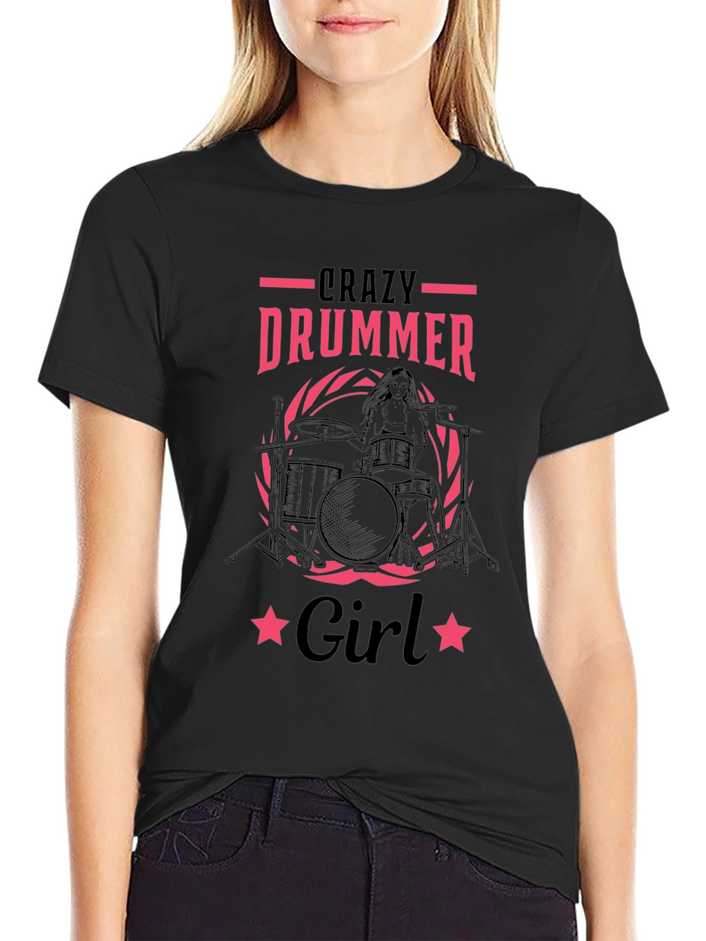 Crazy Drummer Girl Black T-Shirt