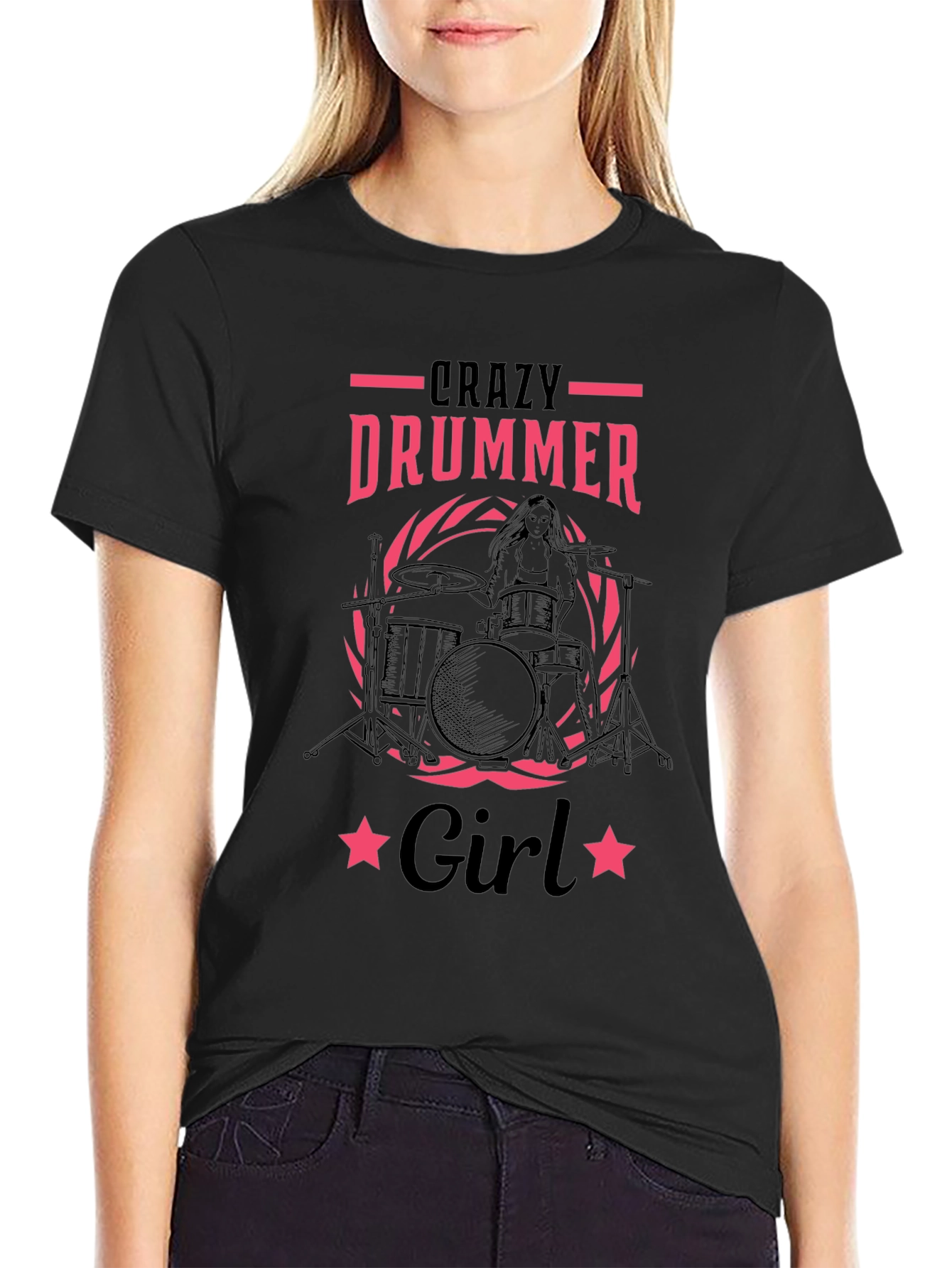 Crazy Drummer Girl Black T-Shirt