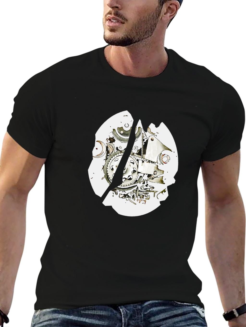 Black T-Shirt with Mechanical Gear Design