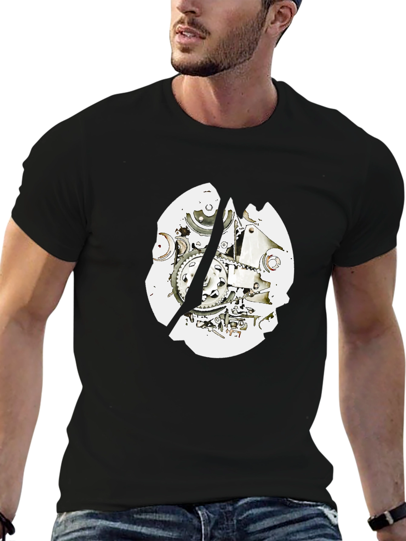 Black T-Shirt with Mechanical Gear Design
