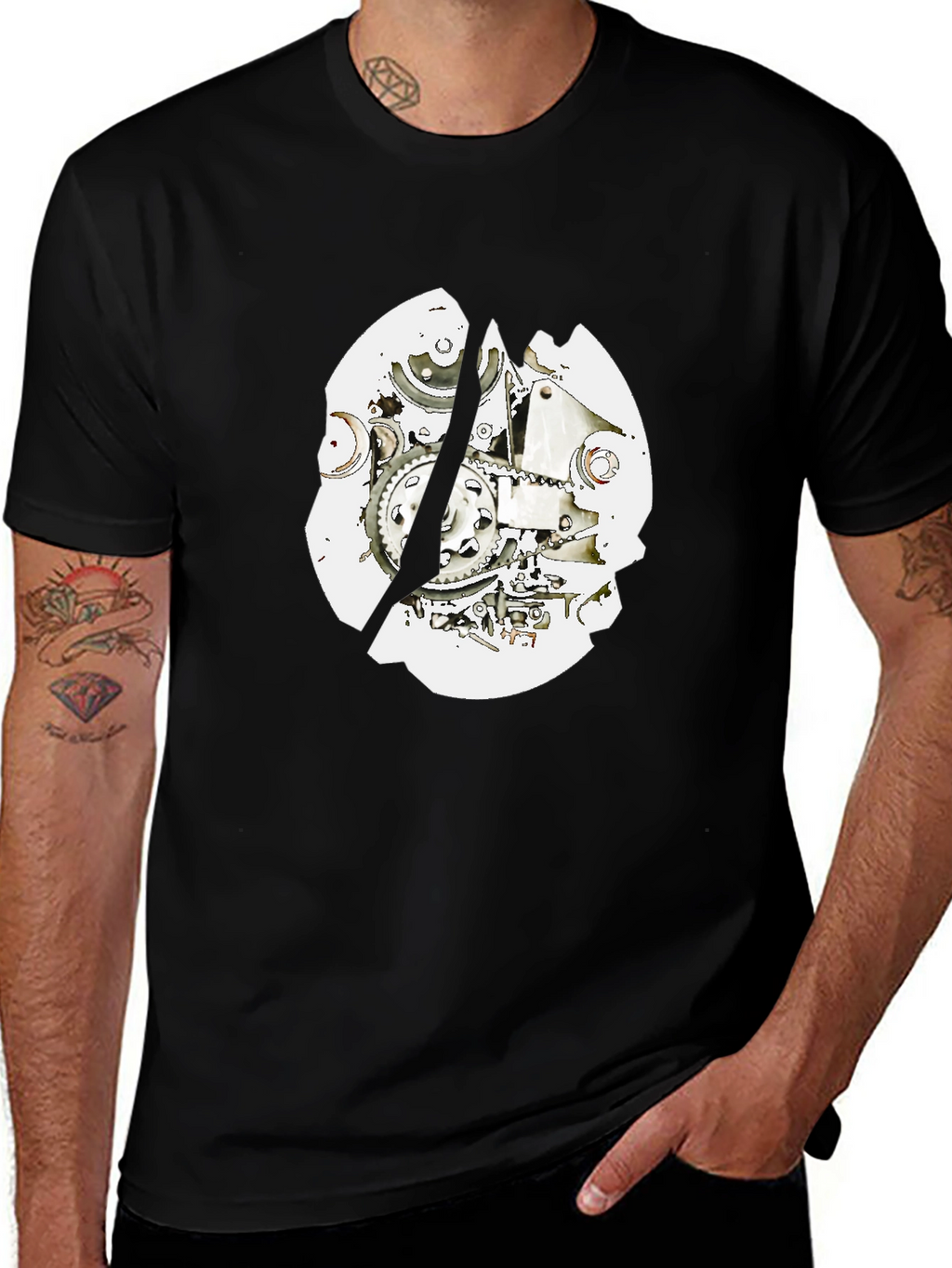 Black T-Shirt with Mechanical Gear Design