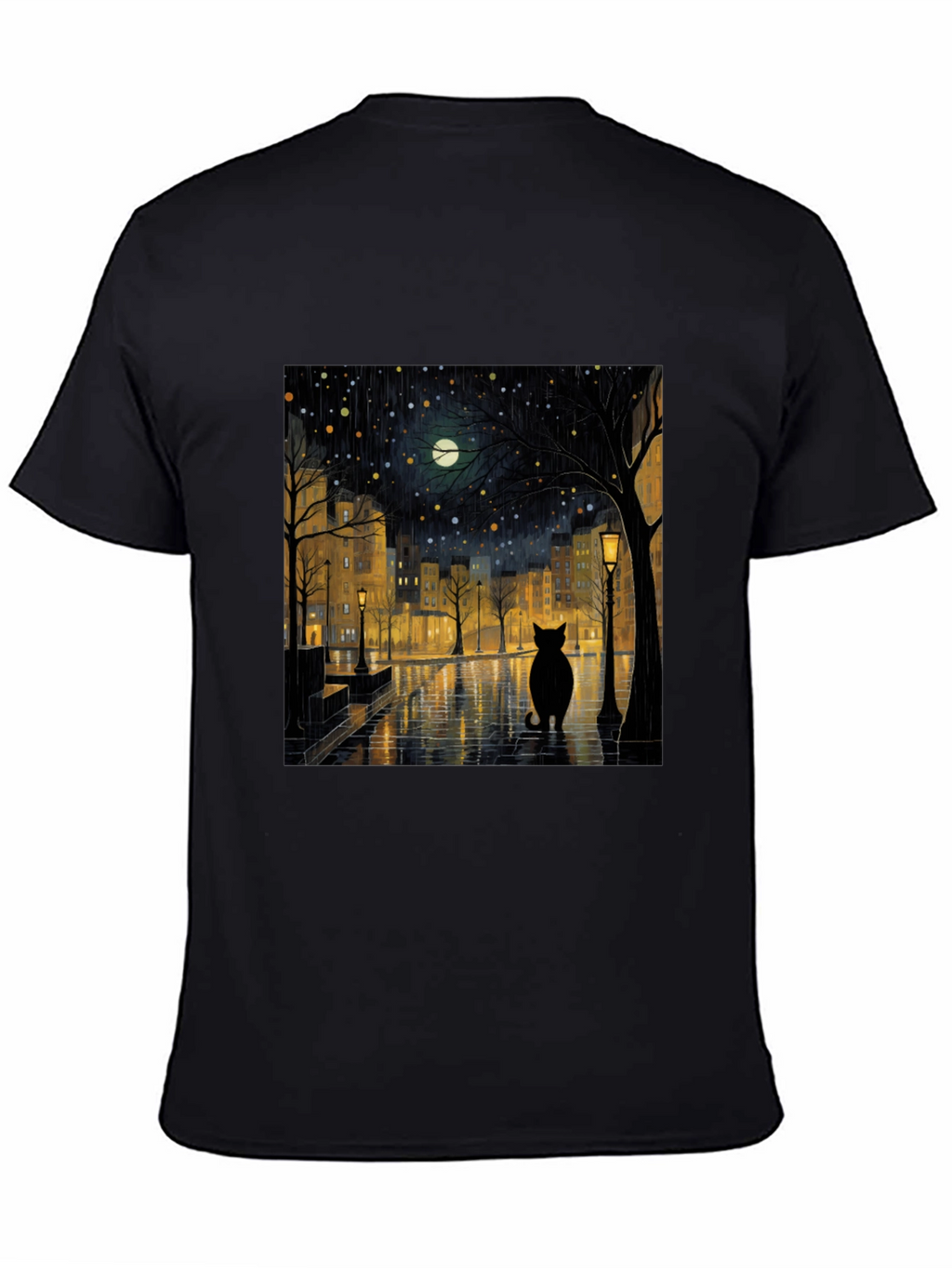 Black Cat Rainy Night City T-Shirt