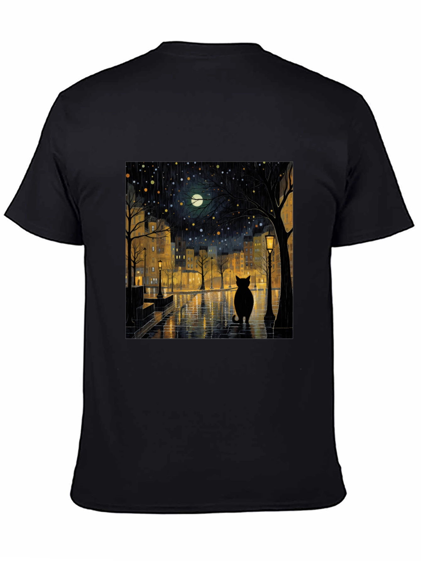 Black Cat Rainy Night City T-Shirt
