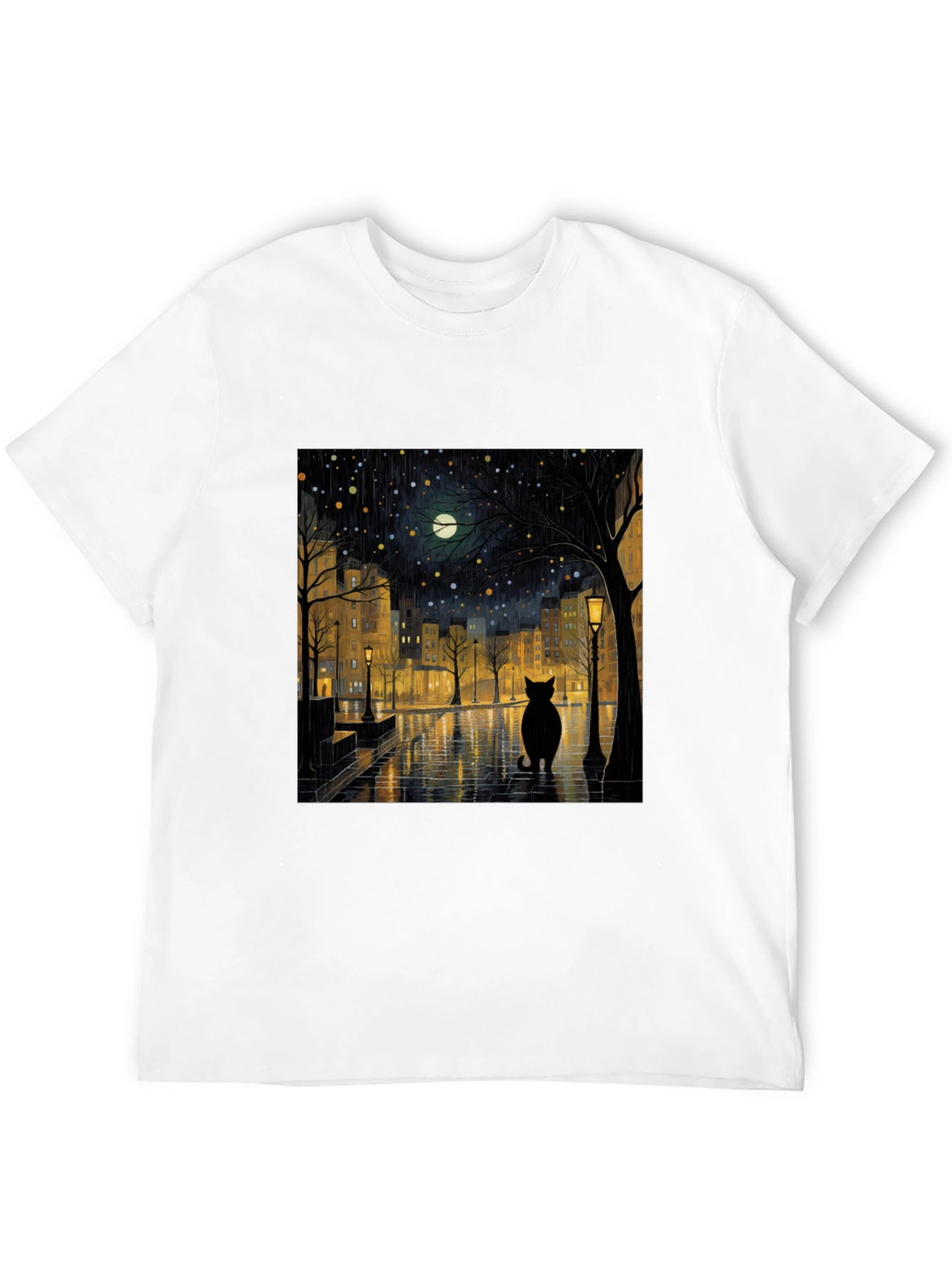 Black Cat Rainy Night City T-Shirt