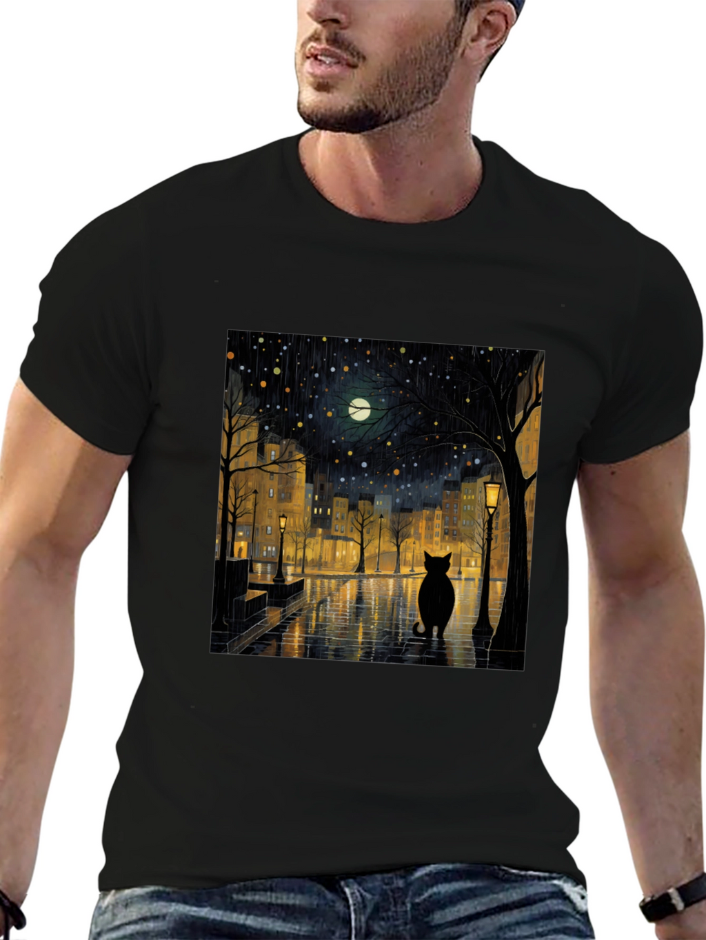 Black Cat Rainy Night City T-Shirt