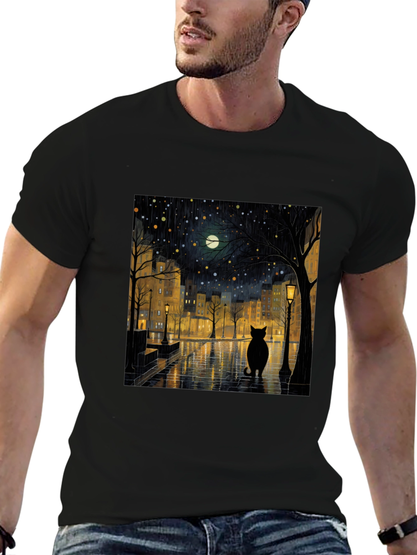 Black Cat Rainy Night City T-Shirt