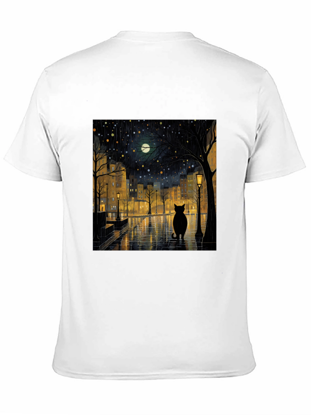 Black Cat Rainy Night City T-Shirt
