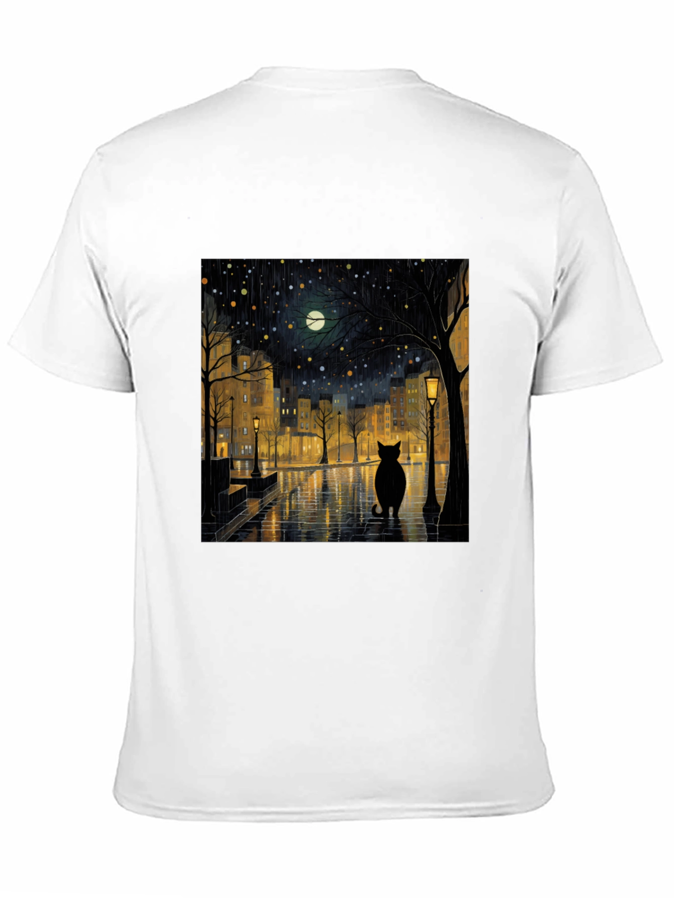 Black Cat Rainy Night City T-Shirt