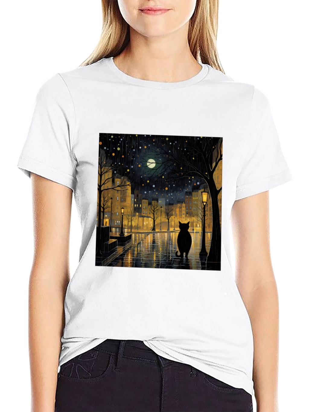Black Cat Rainy Night City T-Shirt