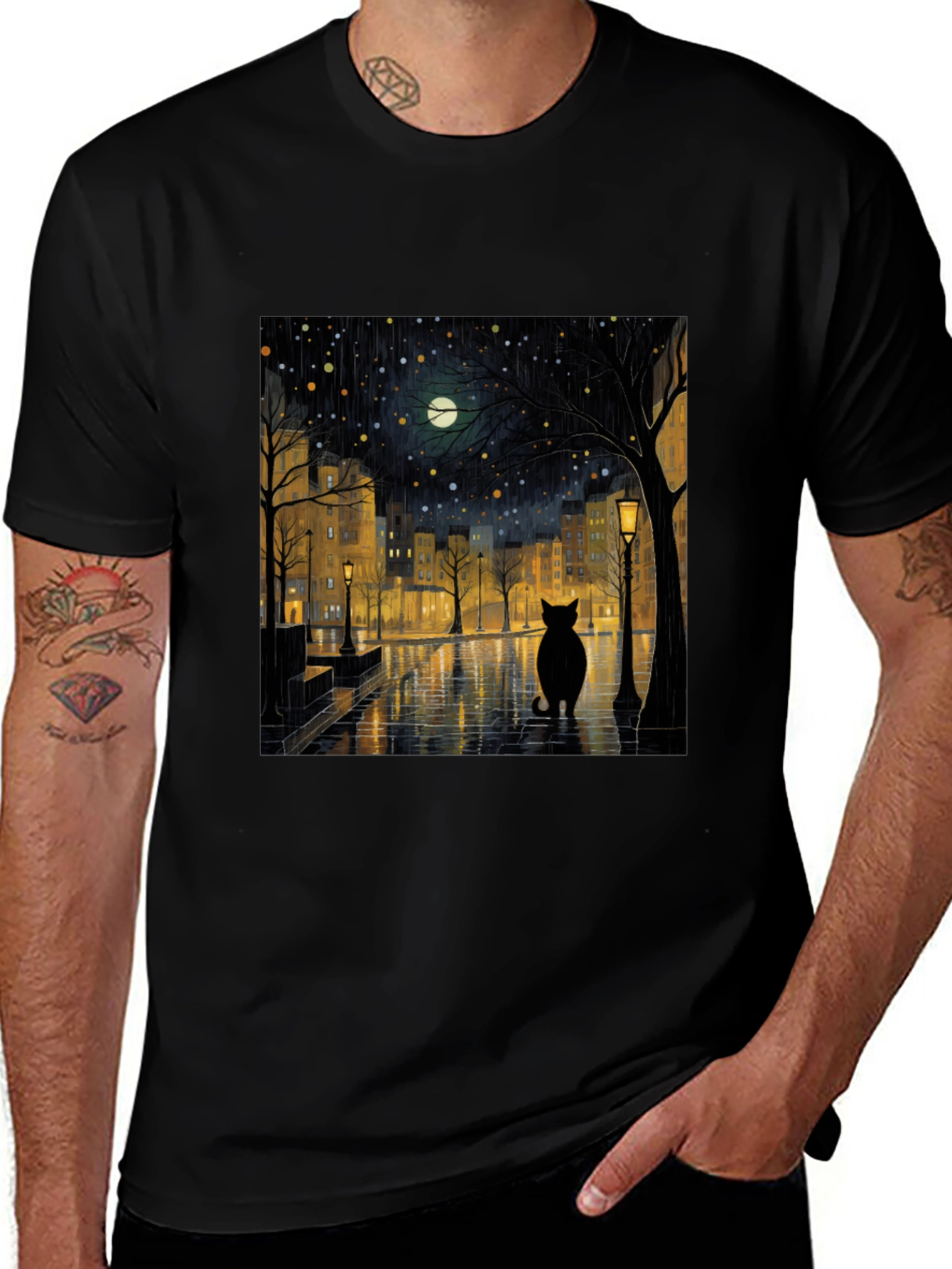 Black Cat Rainy Night City T-Shirt
