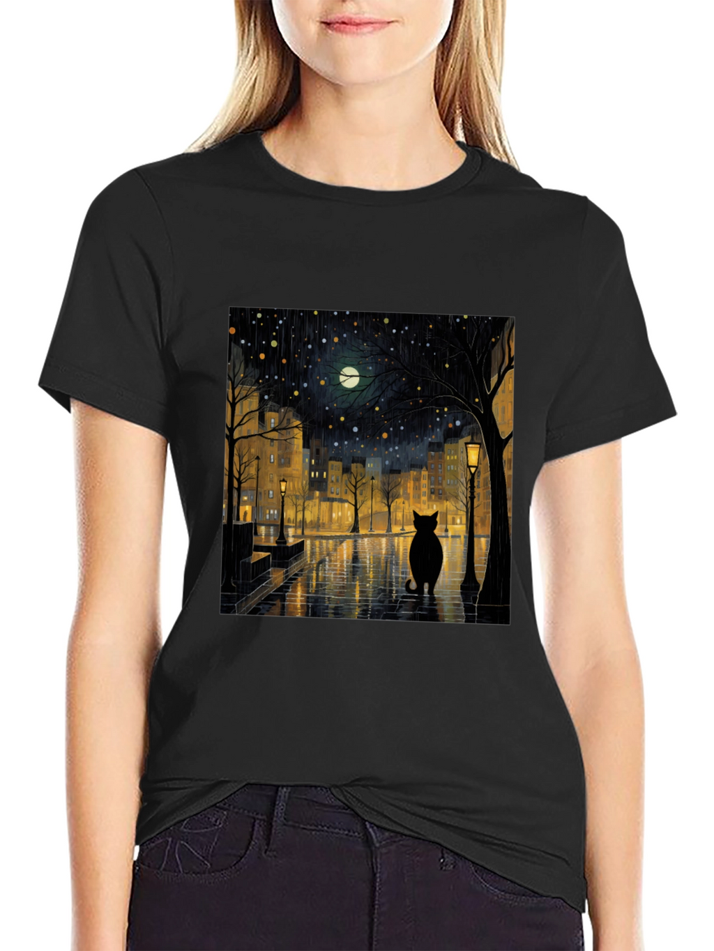 Black Cat Rainy Night City T-Shirt