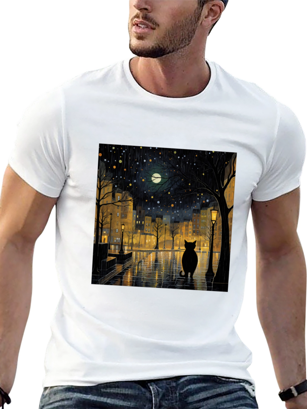 Black Cat Rainy Night City T-Shirt