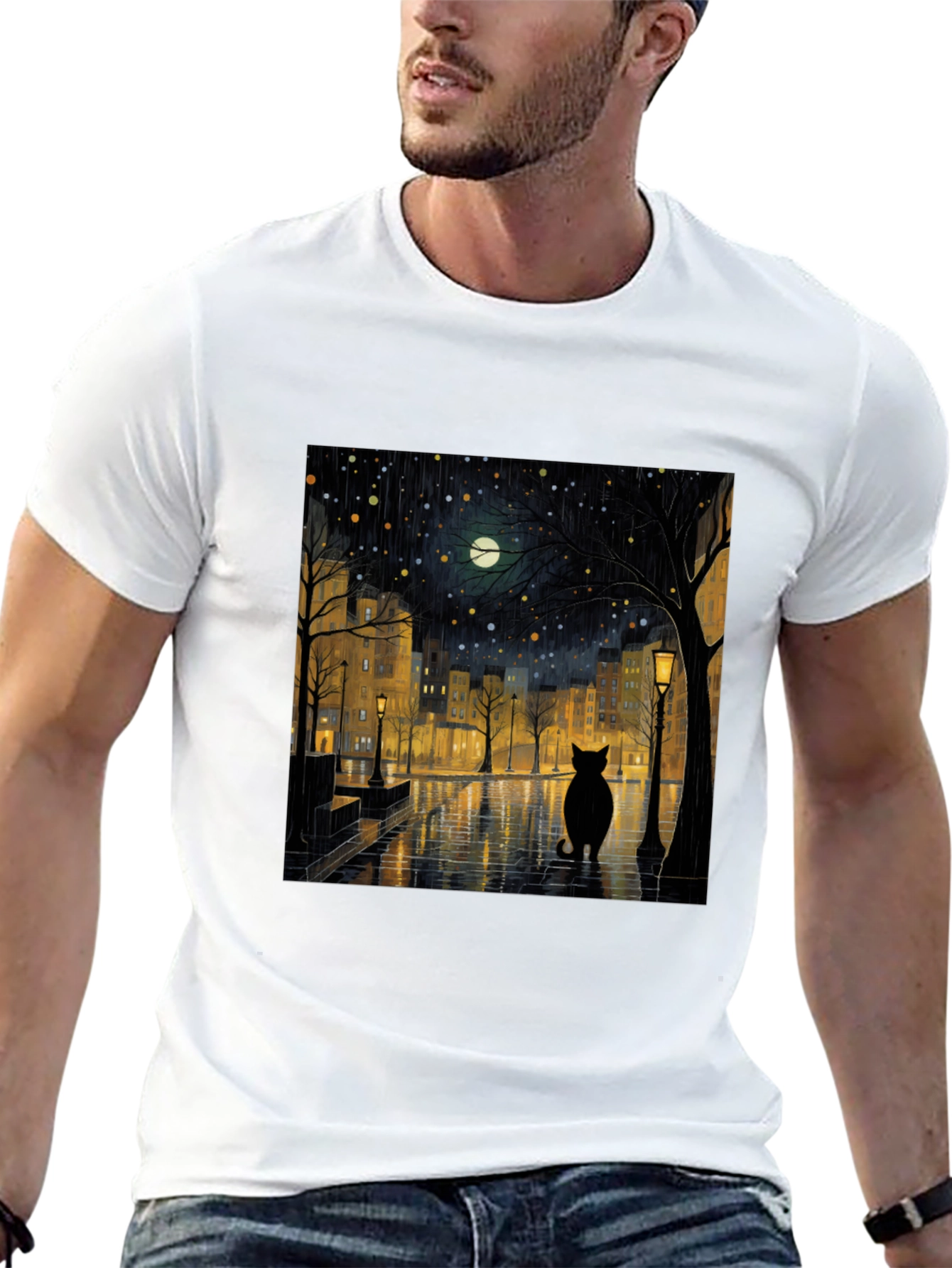 Black Cat Rainy Night City T-Shirt