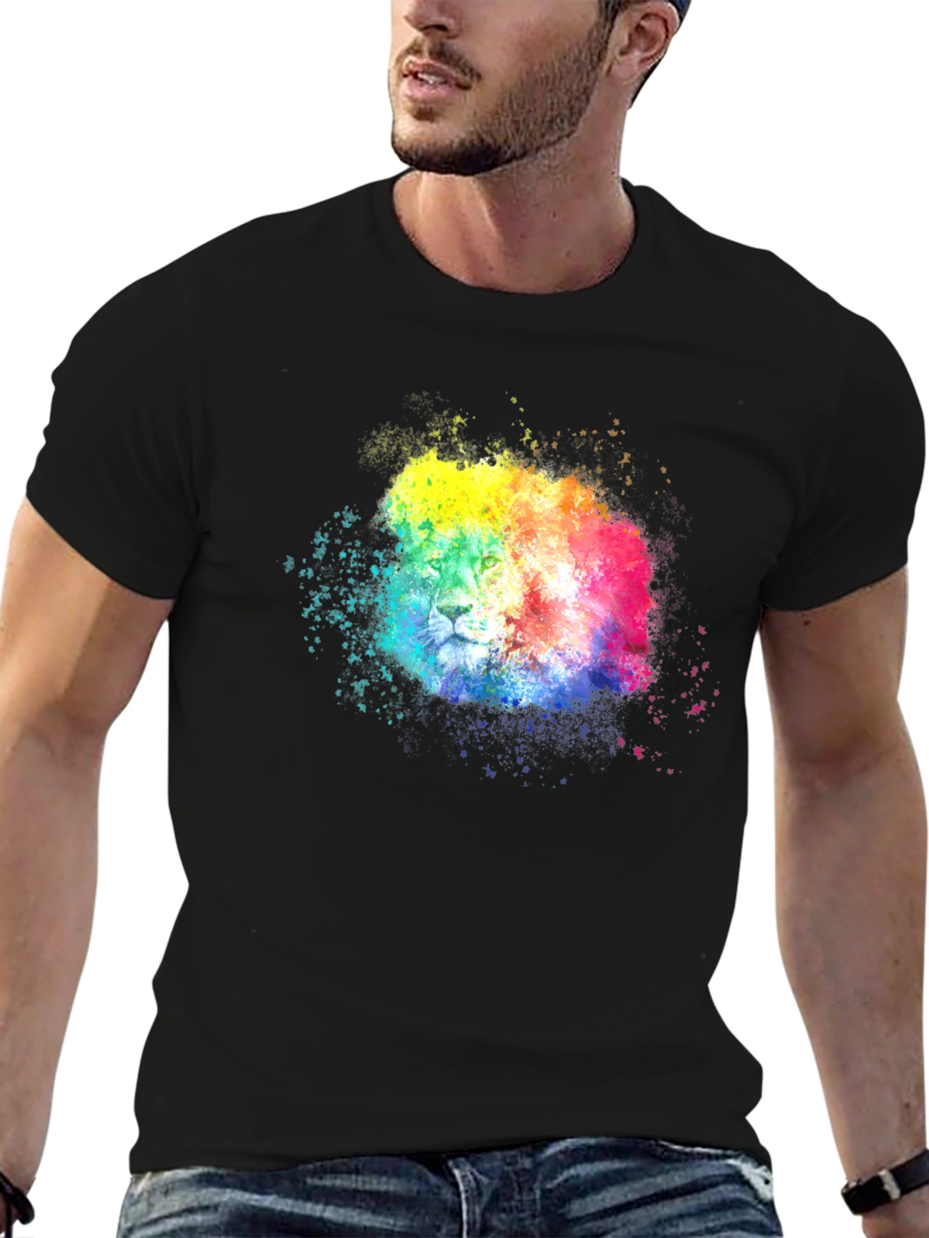 Rainbow Lion Splatter Graphic Tee - Black