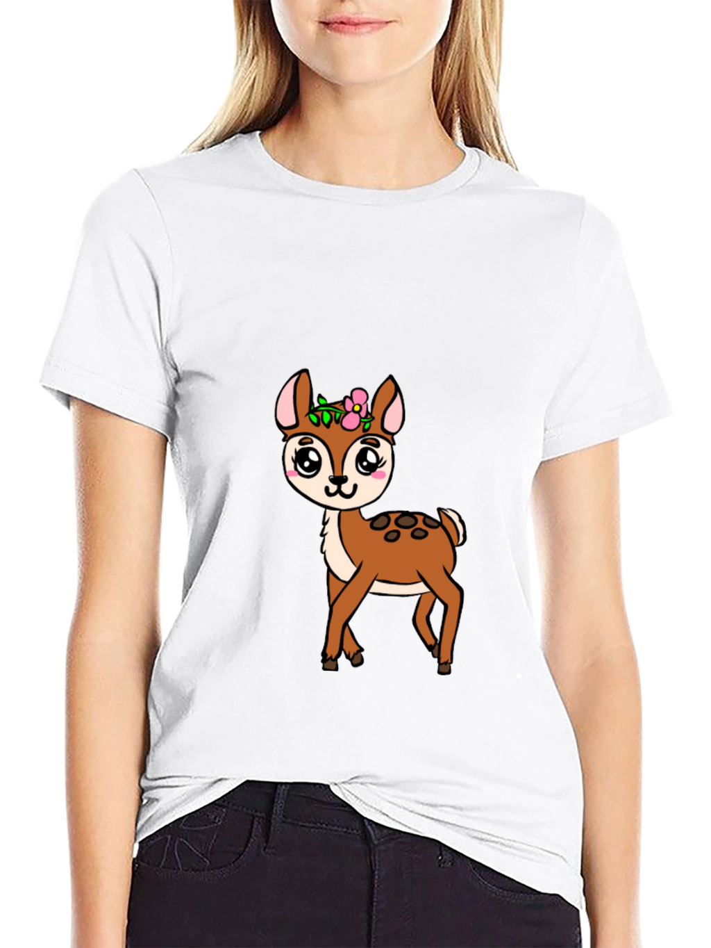 Cute Deer Graphic Tee - Black Cotton Blend Shirt