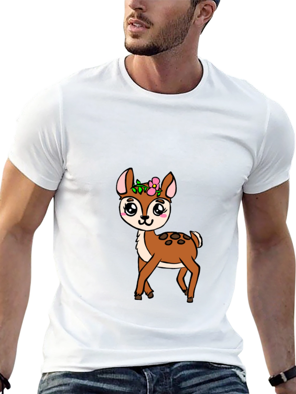 Cute Deer Graphic Tee - Black Cotton Blend Shirt