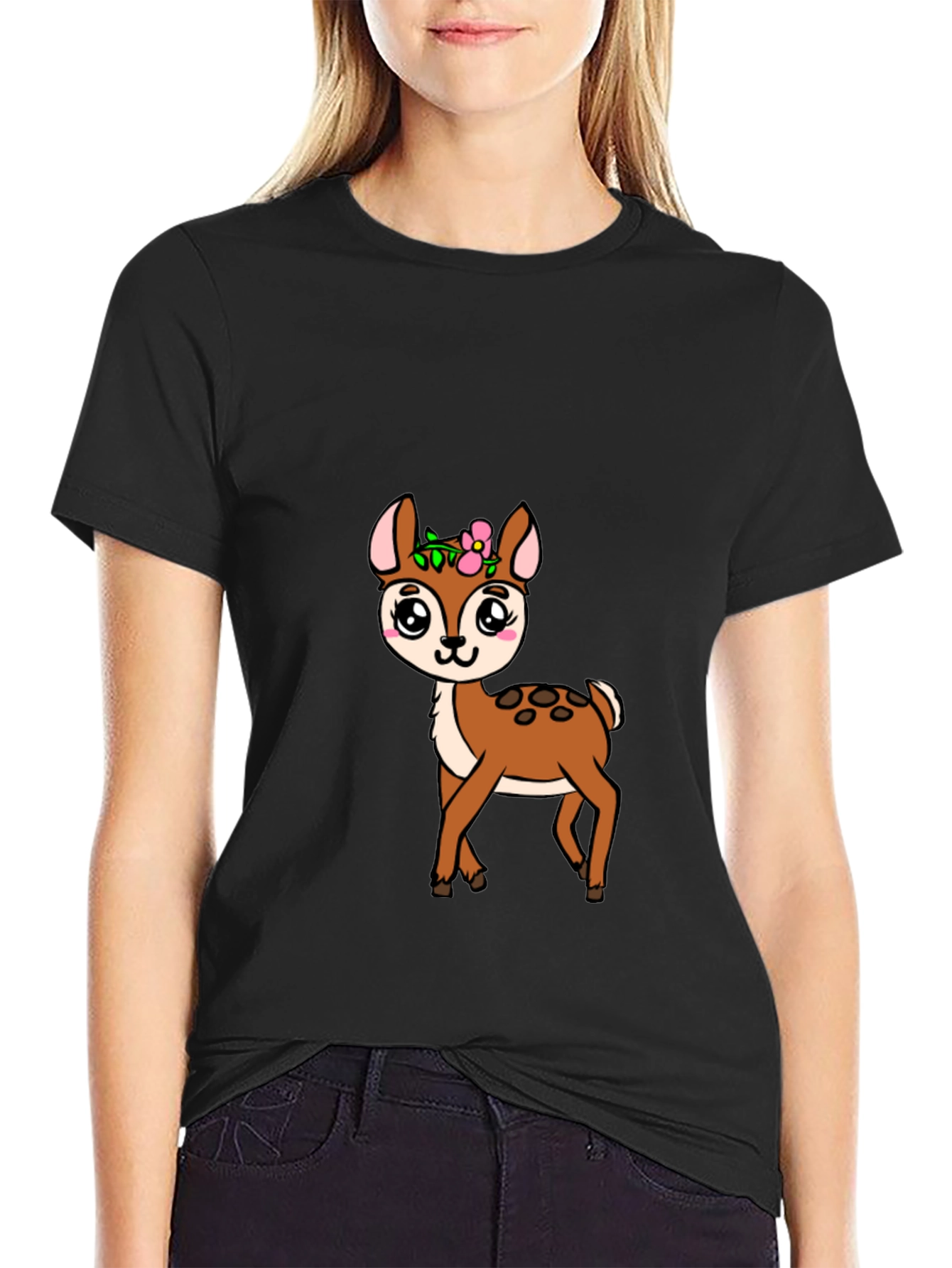 Cute Deer Graphic Tee - Black Cotton Blend Shirt