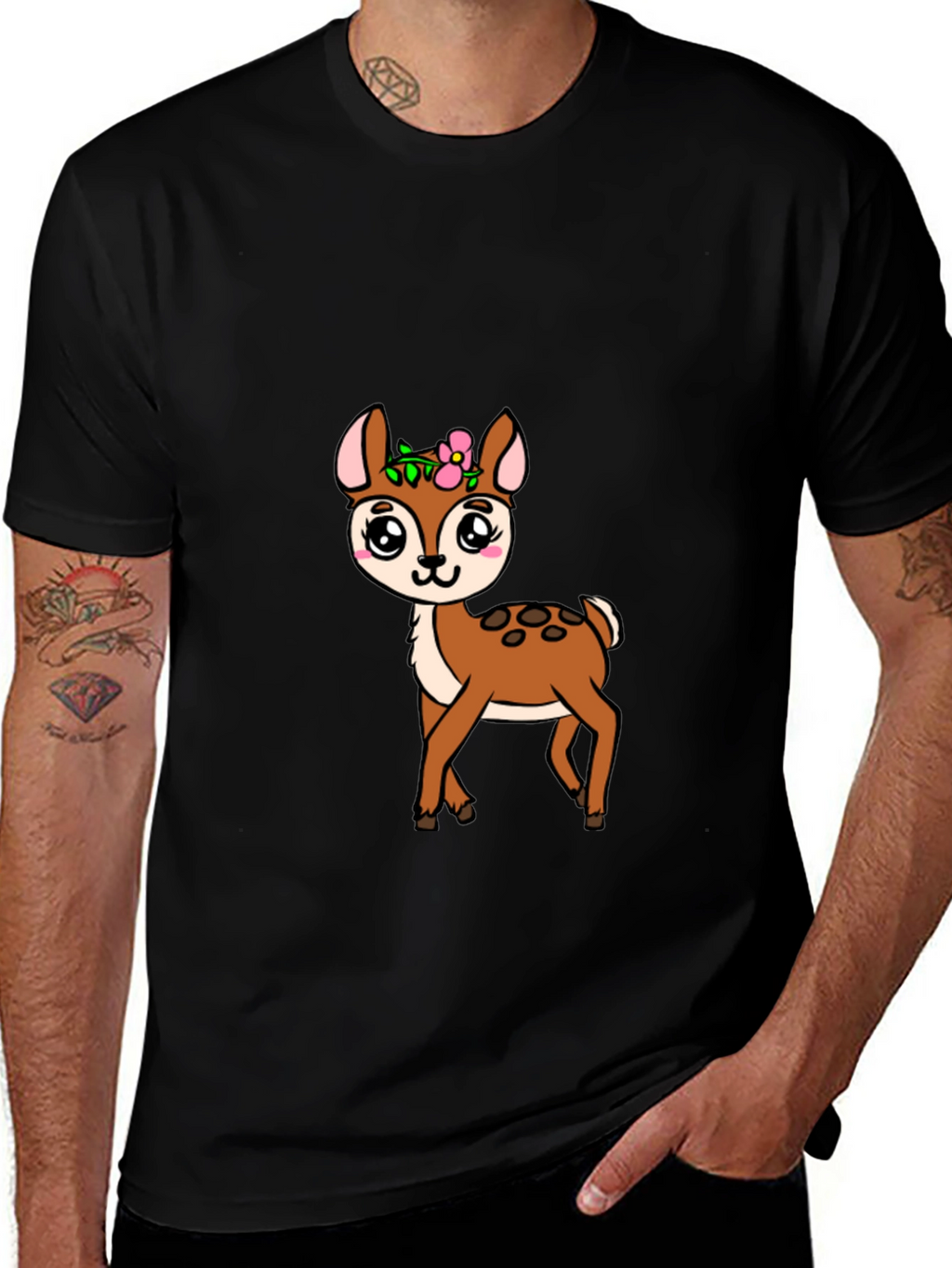 Cute Deer Graphic Tee - Black Cotton Blend Shirt