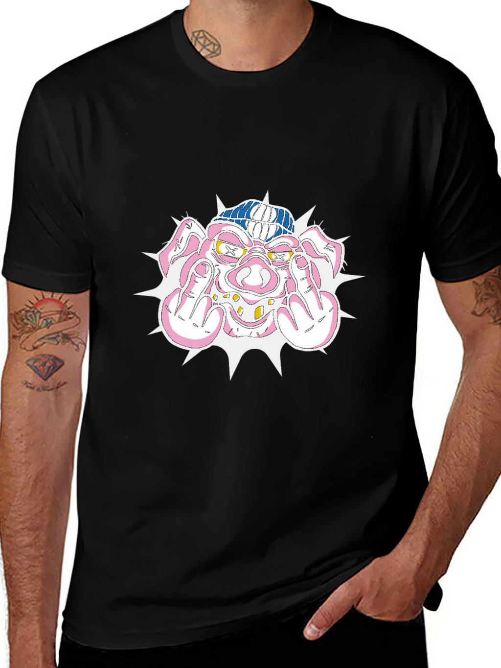 Pig Middle Finger Graphic Black T-Shirt
