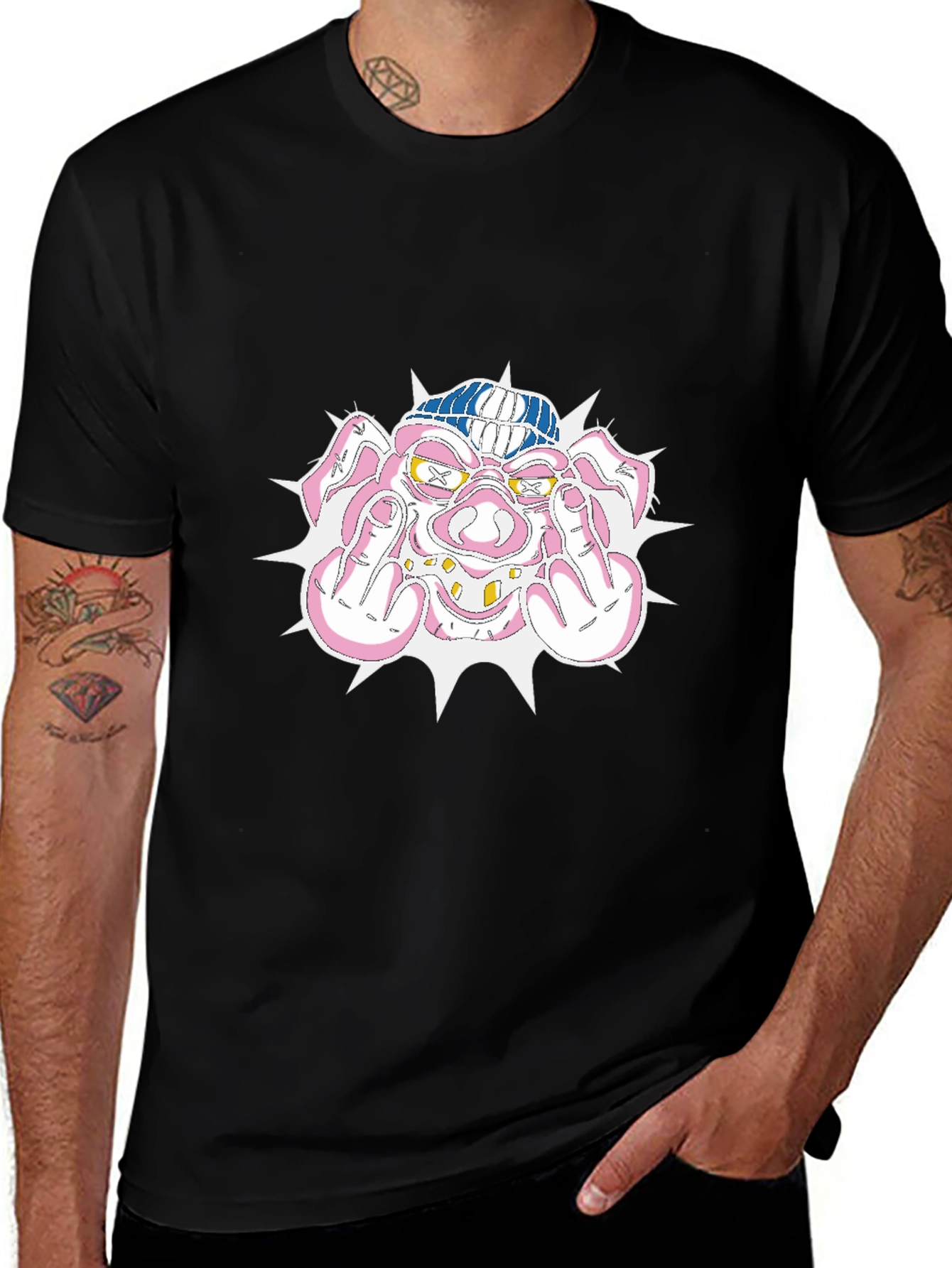 Pig Middle Finger Graphic Black T-Shirt