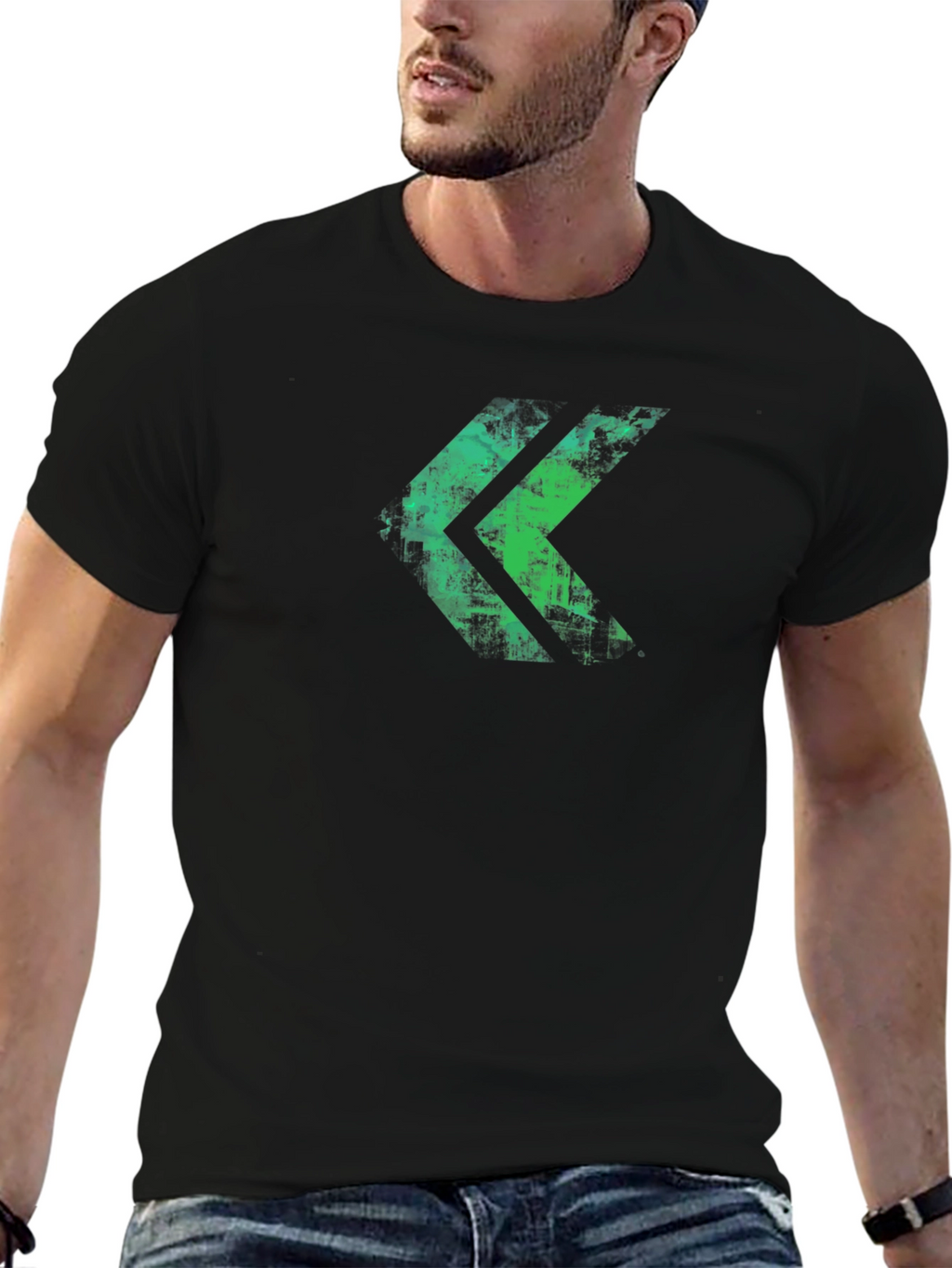 Distressed Green Chevron Graphic Black T-Shirt