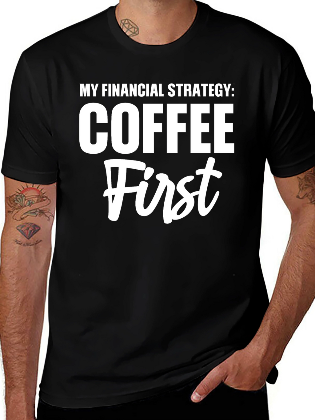 Coffee First T-Shirt Funny Financial Strategy Tee
