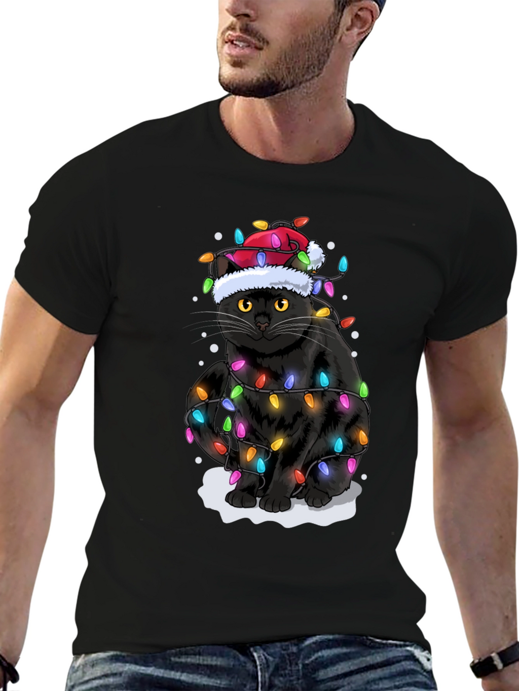 Christmas Cat Holiday Lights Graphic Tee