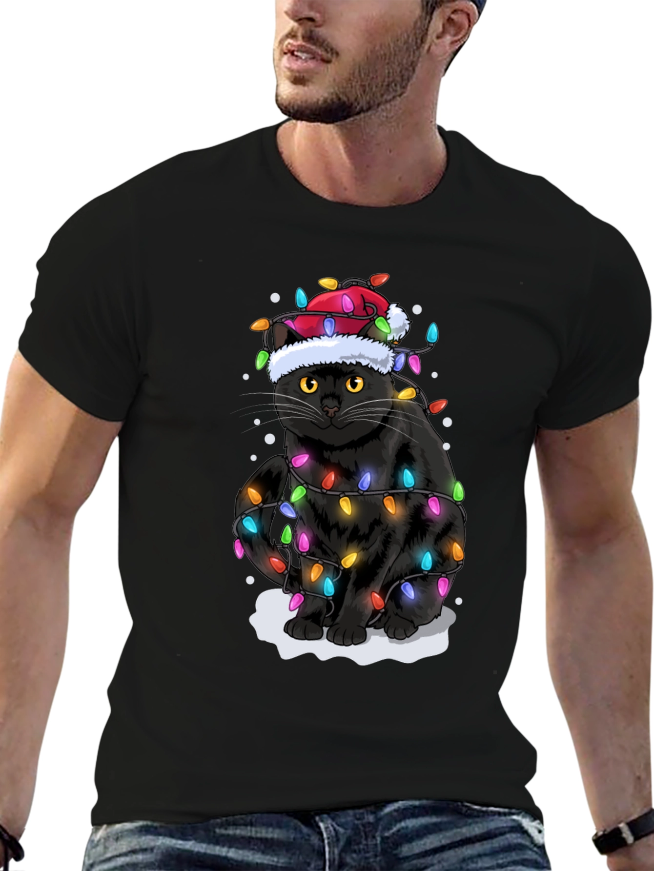 Christmas Cat Holiday Lights Graphic Tee