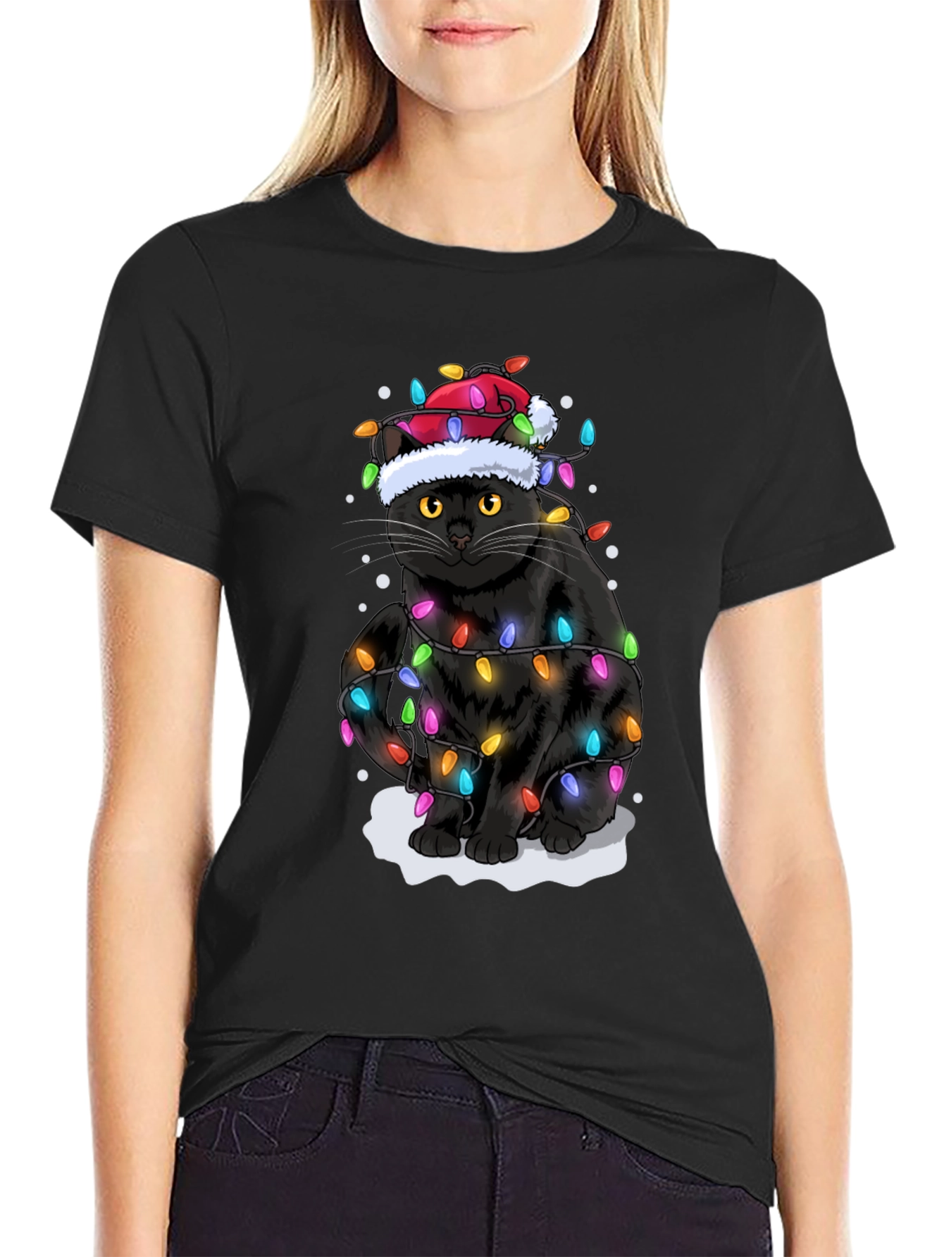 Christmas Cat Holiday Lights Graphic Tee
