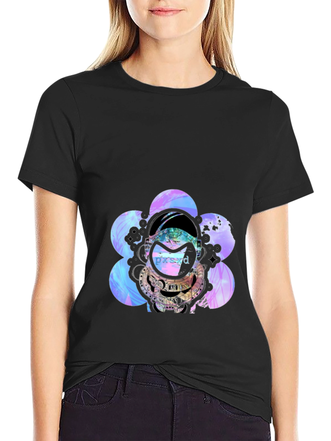 Astronaut Floral Graphic Black T-Shirt