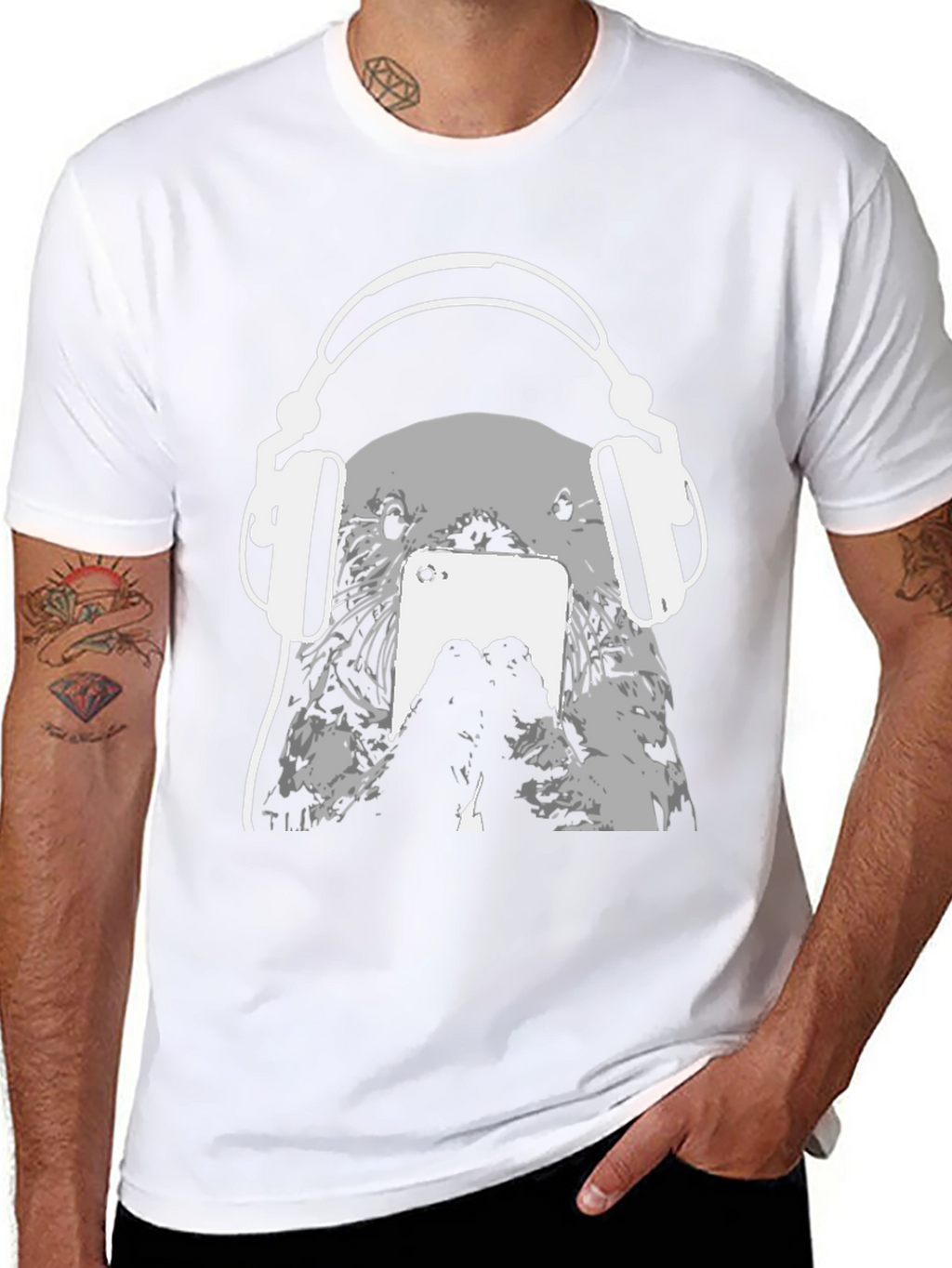 Otter with Headphones Black T-Shirt