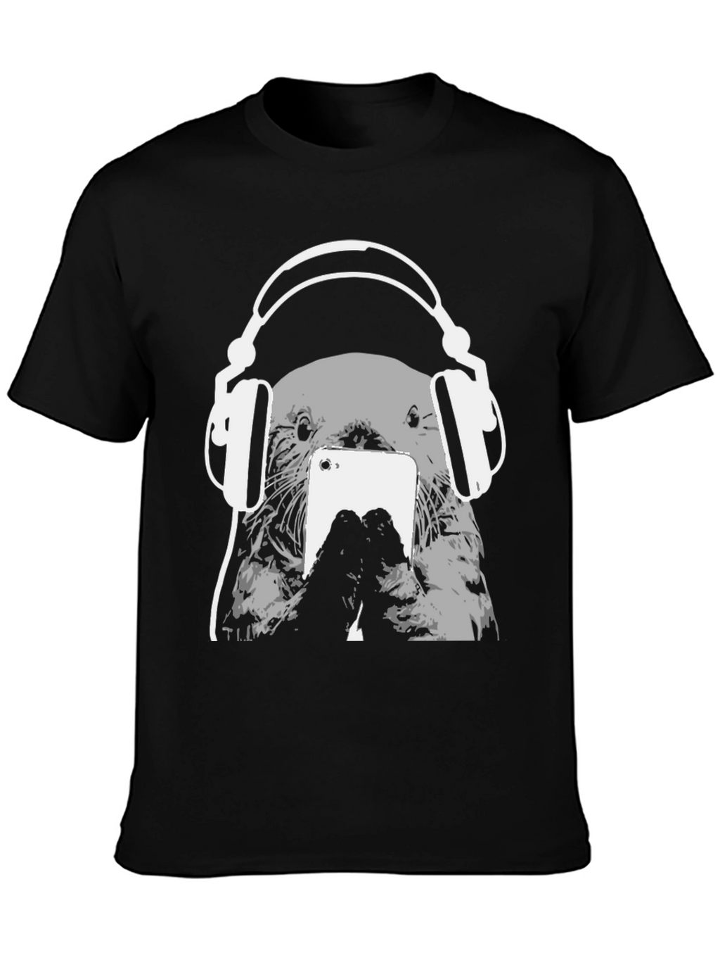 Otter with Headphones Black T-Shirt