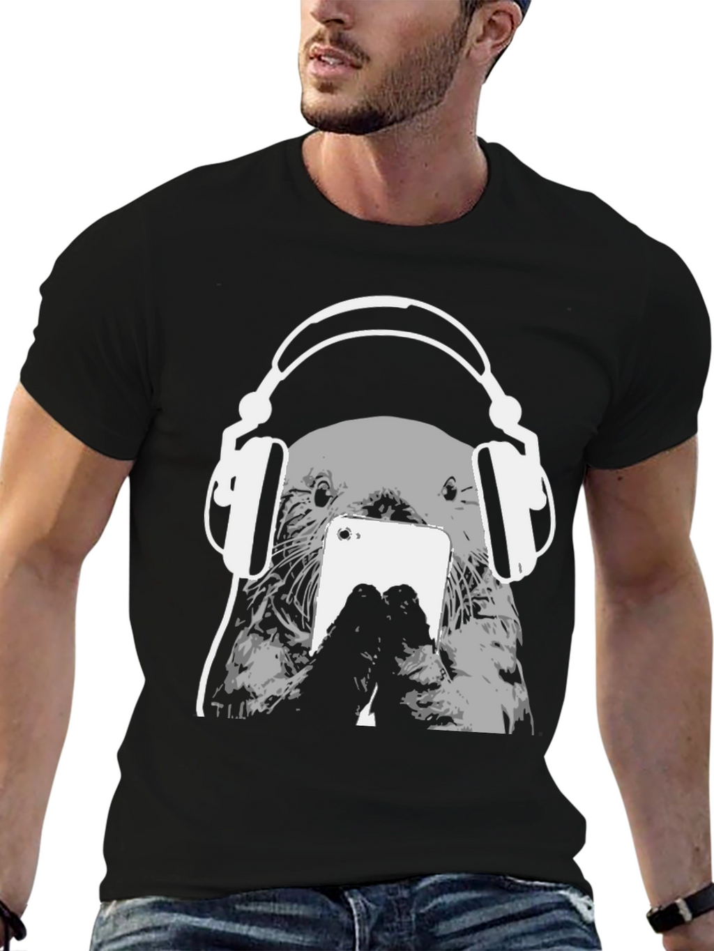 Otter with Headphones Black T-Shirt
