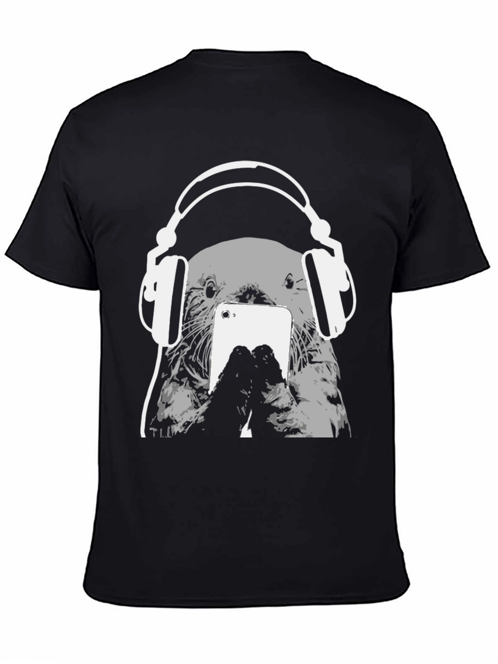 Otter with Headphones Black T-Shirt